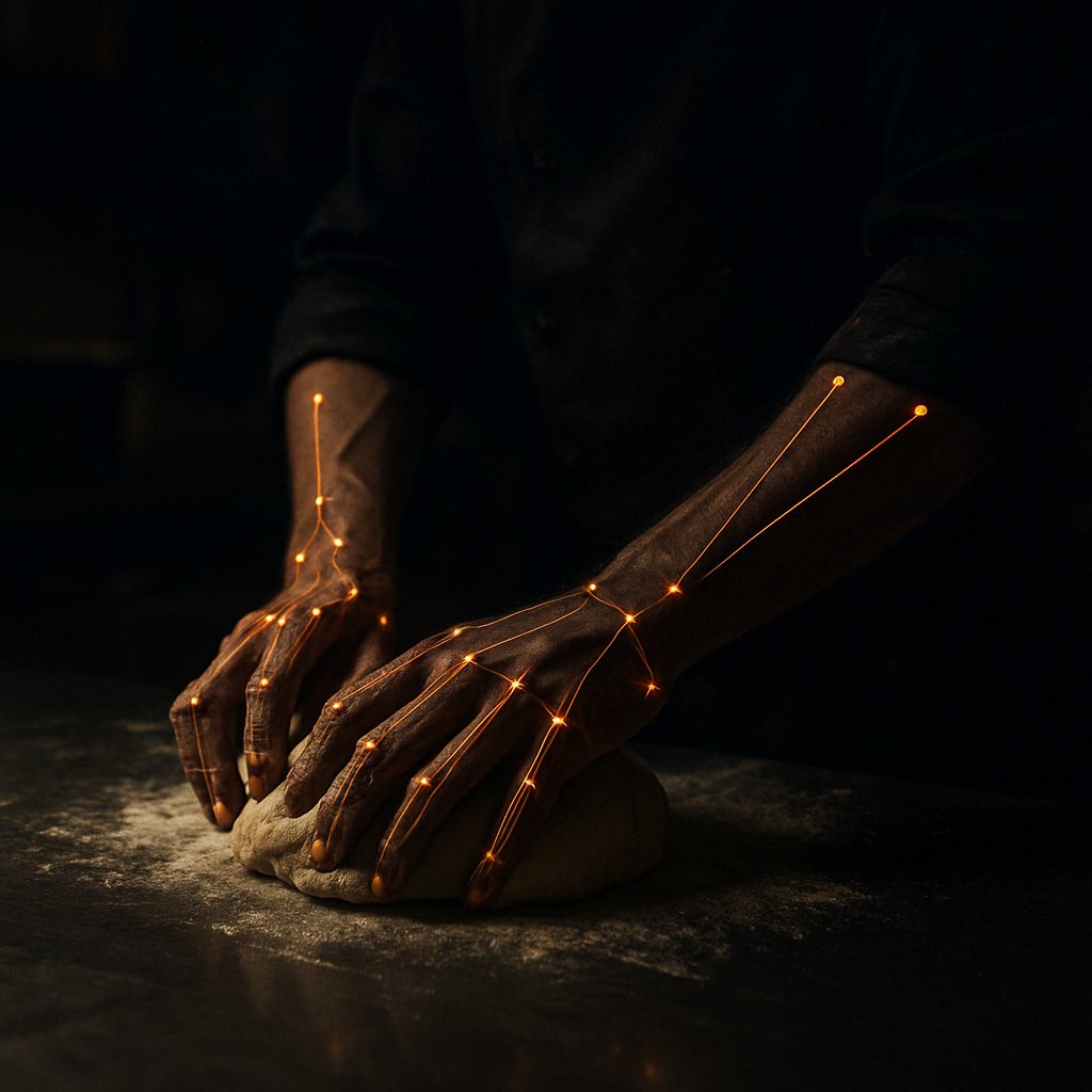 A chef's hands working dough with motion-capture tracking points overlaid